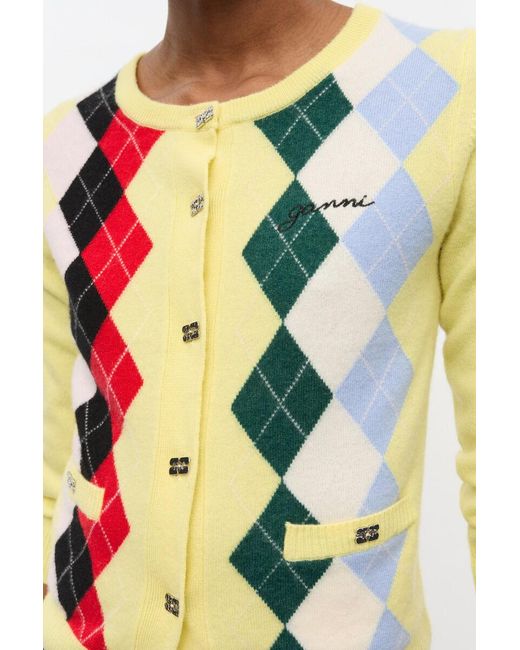 Ganni Yellow Checke Patterned Button-Up Cardigan