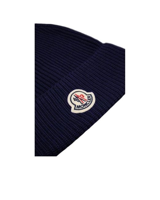 Moncler Blue Logo Patch Ribbed-Knit Beanie for men