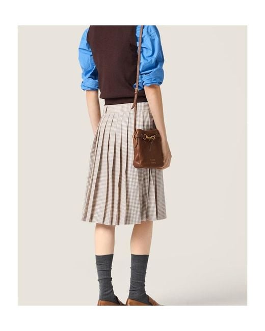 Miu Miu Natural Checked Pleated Midi Skirt