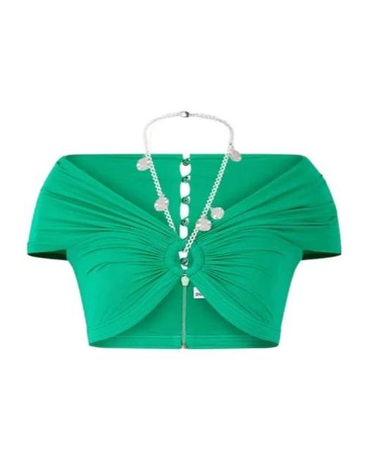 Rabanne Green Ruched Cutout Off-Shoulder Top