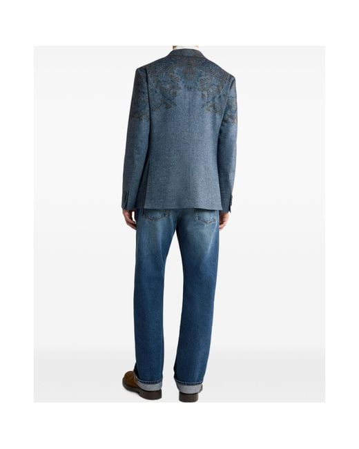 Etro Blue Single-Breasted Wool-Blend Jacket With Placed Paisley Pochette Print for men