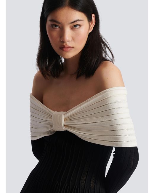 Balmain Black Off-The-Shoulder Skater Dress