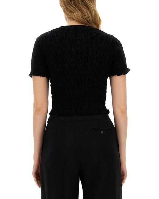 MSGM Black Logo-Printed Smocked Cropped Top