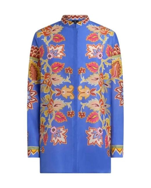 Etro Blue Cotton And Silk Shirt With Print
