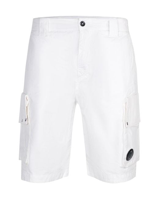 C P Company White Lens Pocket Cargo Shorts for men