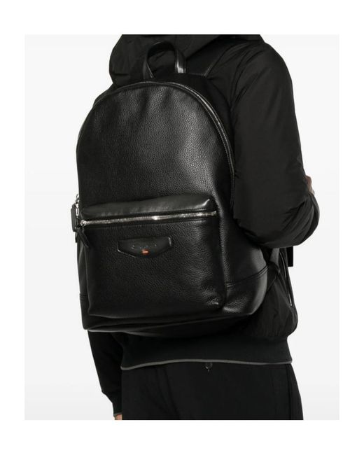 Santoni Black Leather Backpack for men