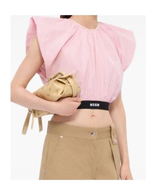 MSGM Pink Logo-Print Cropped Blouse