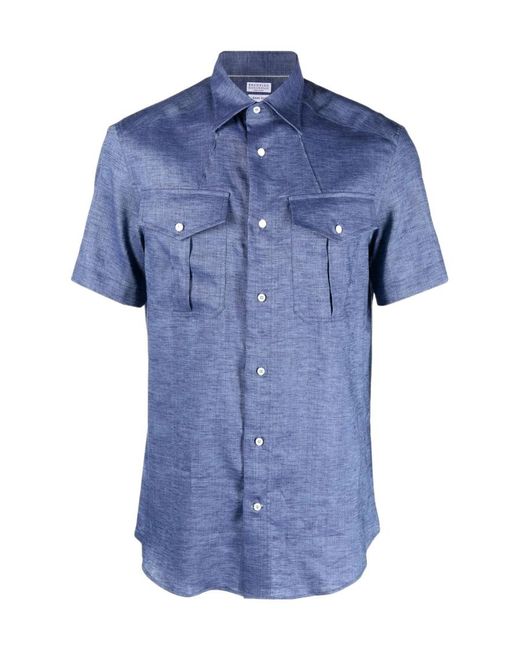 Brunello Cucinelli Blue Logo Short-Sleeved Shirt for men
