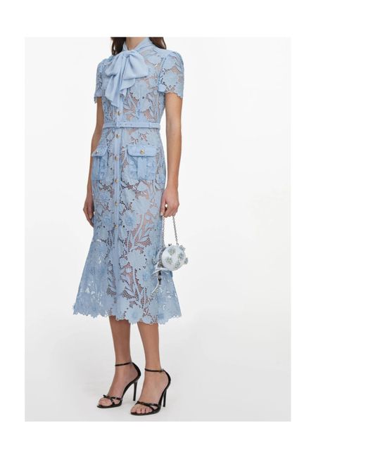 Self-Portrait Blue Lace Tie Neck Midi Dress