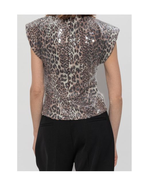 Ganni Gray Leopard Print Sequin Embellished Sleeveless Top
