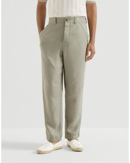 Brunello Cucinelli Gray Linen Micro Chevron Trousers With Drawstrings for men