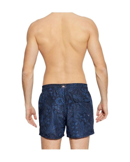 Etro Blue Paisley Printed Drawstring Swim Shorts for men