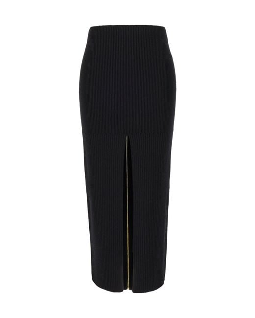 Patou Black Ribbed-Knit Front-Slit Midi Skirt