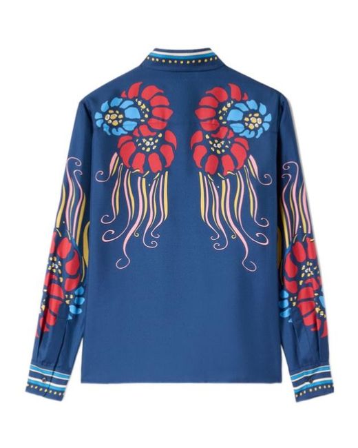 LaDoubleJ Blue Lemuria Placée Floral-Print Button-Down Silk Shirt