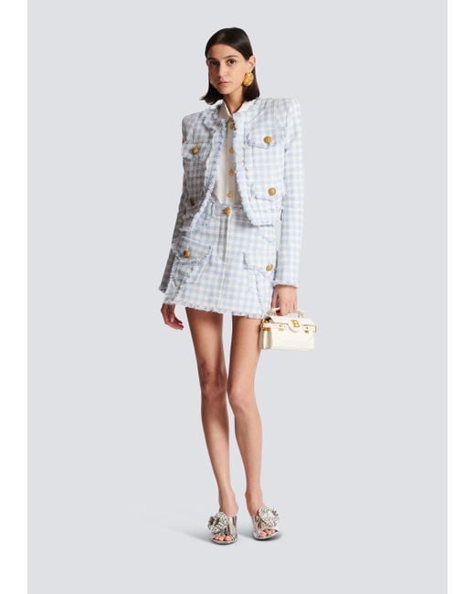 Balmain White Gingham Tweed A-Line Skirt