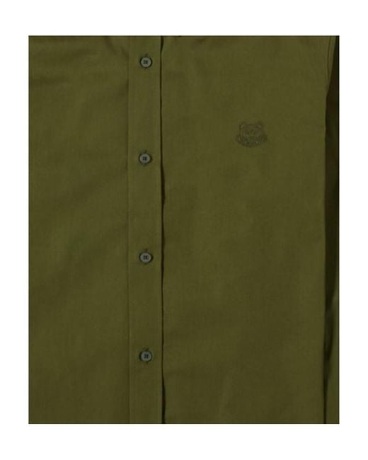 KENZO Green Logo-Embroidered Long-Sleeve Shirt for men