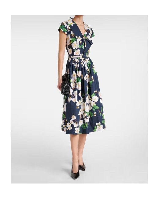 Oscar de la Renta Blue Floral Pleated Cotton-Blend Midi Dress