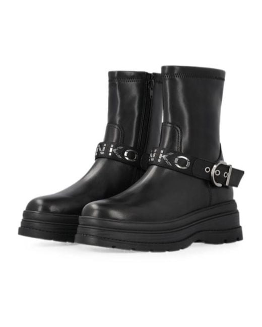 Pinko Black Logo-Strap Buckle-Fastening Boots