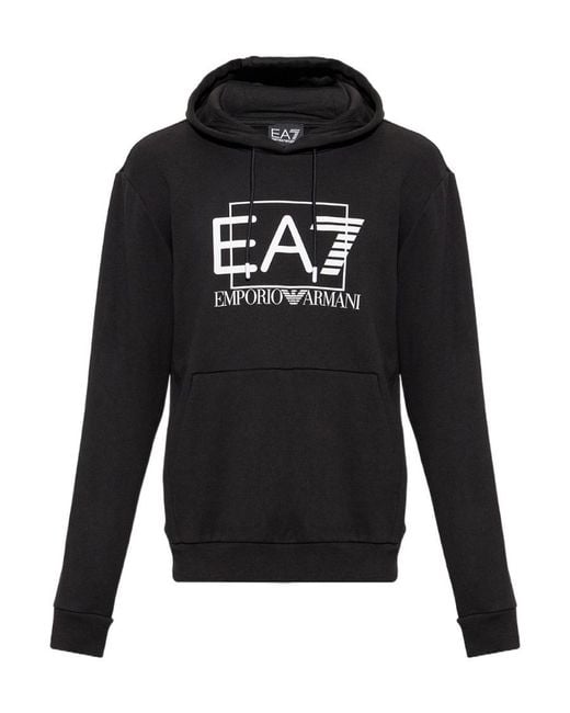 EA7 Black Logo-Print Drawstring Hoodie for men