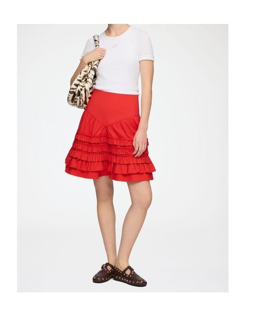 Ganni Red Ruched Detail Drop-Waist Skirt