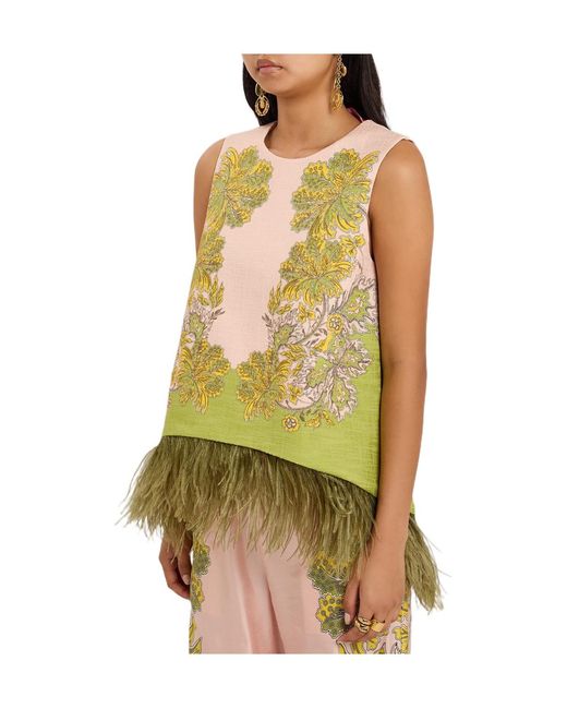 LaDoubleJ Yellow Feather-Trim Woven Top