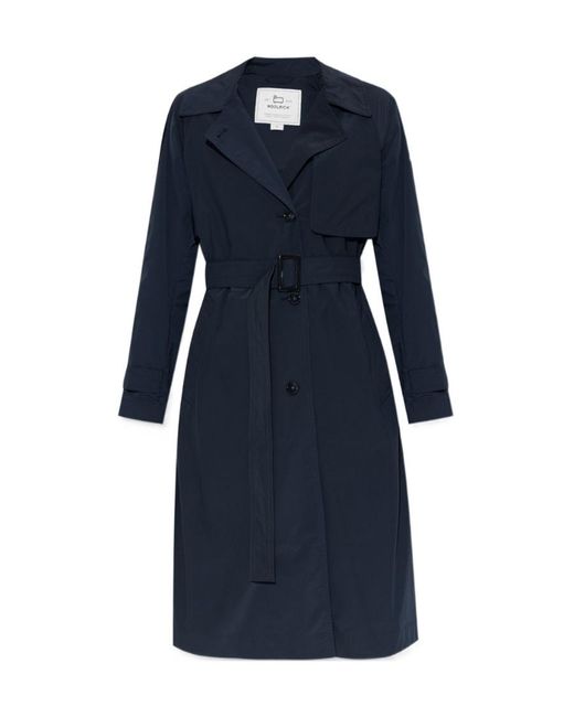 Woolrich Blue Belted Button-Up Trench Coat