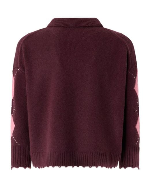 Pinko Purple Argyle-Pattern Distressed Sweater