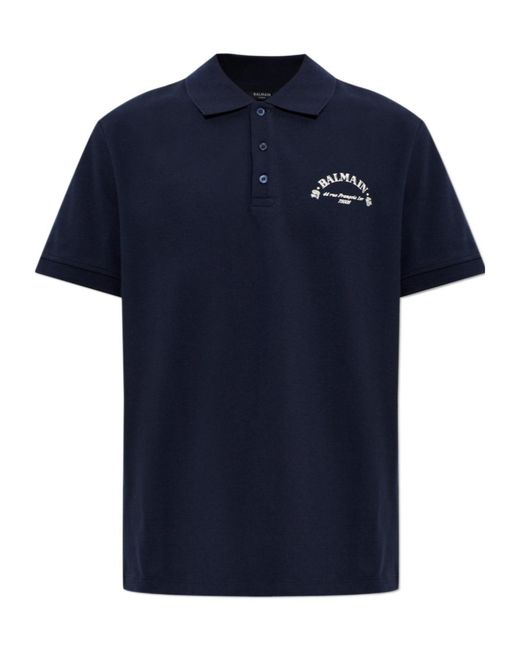 Balmain Blue Logo-Print Cotton Polo Shirt for men