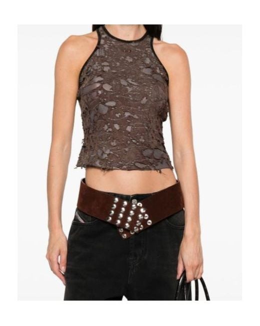 DIESEL Brown Logo Embroidered Distressed Sleeveless Top