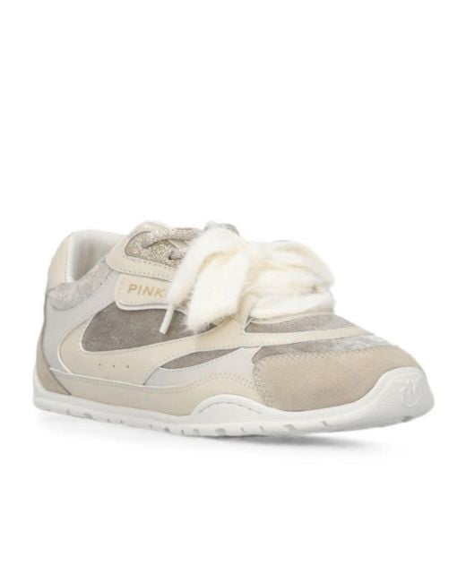 Pinko White Panelled Shearling-Trim Sneakers