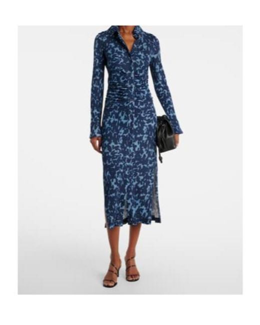Altuzarra Blue Claudia Printed Ruched Jersey Shirt Dress