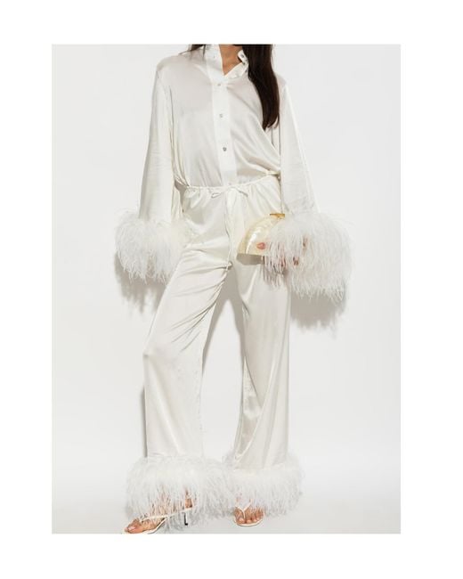 Oseree White Oséree Feather-Trim Button-Up Top