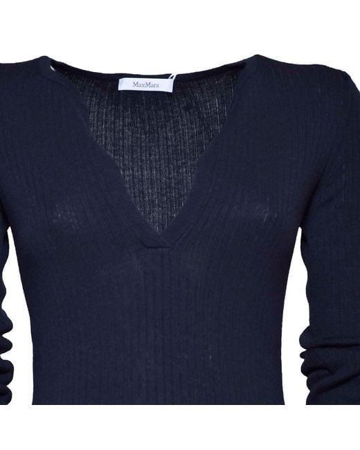 Max Mara Blue V-Neck Long-Sleeved Top