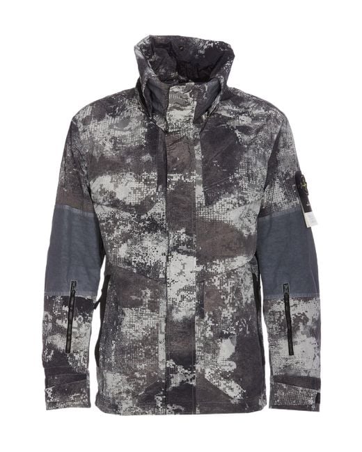 Stone Island Gray All-Over Patterned Hooded Jacket for men