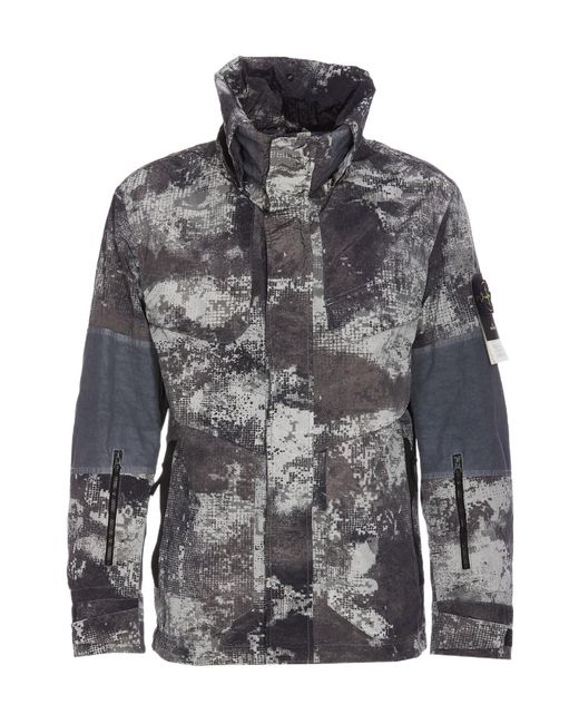 Stone Island Gray Camouflage Printed Logo Patch Jacket for men
