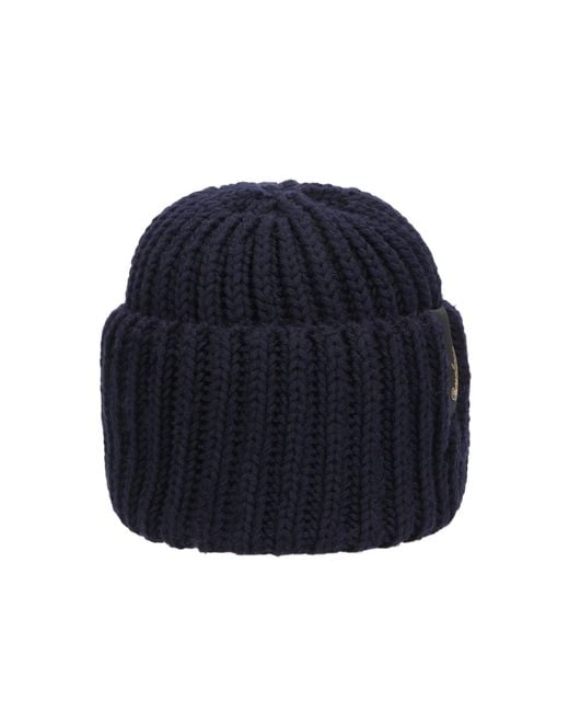 Borsalino Blue Logo Patch Ribbed Knitted Beanie