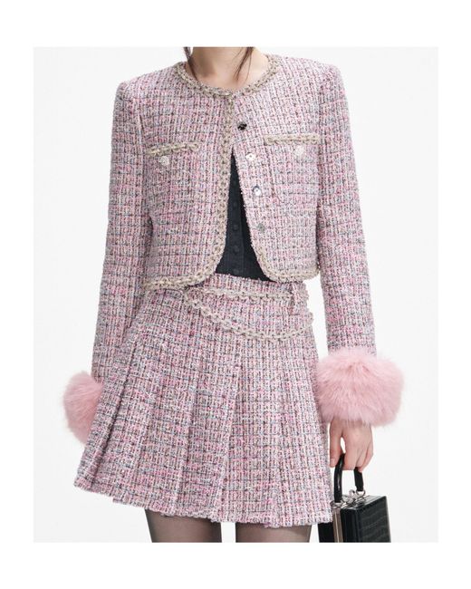 Self-Portrait Pink Boucle Fur Cuff Jacket