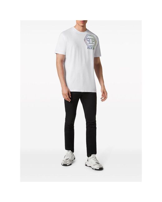 Philipp Plein White Logo Embellished Crewneck T-Shirt for men