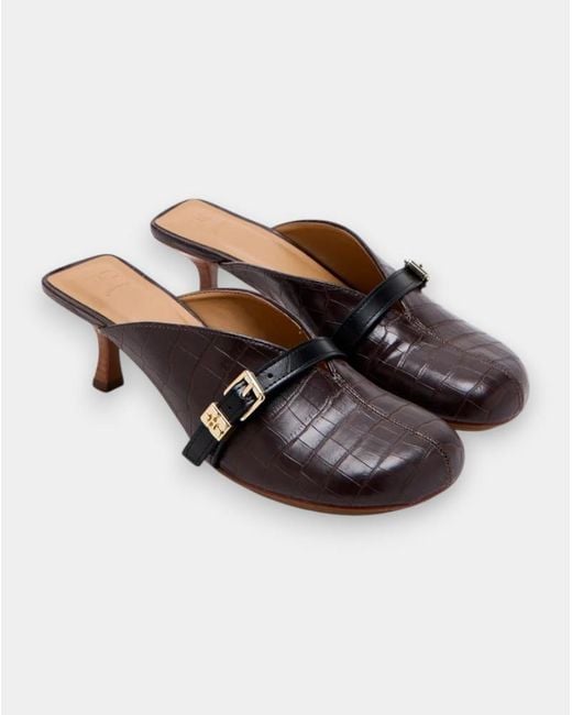 Ganni Brown Buckle-Detailed Emboosed Heeled Sandals