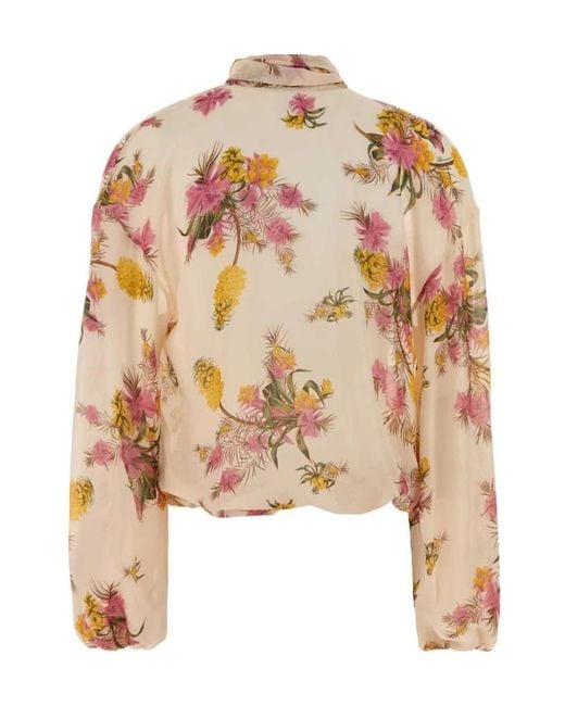 Blumarine Metallic Floral Printed Tied-Neck Georgette Top