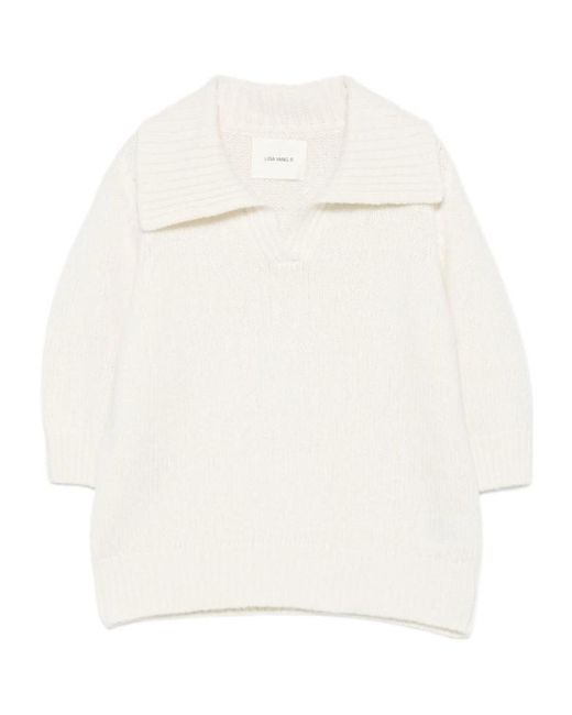 Lisa Yang White Wide-Collar V-Neck Jumper