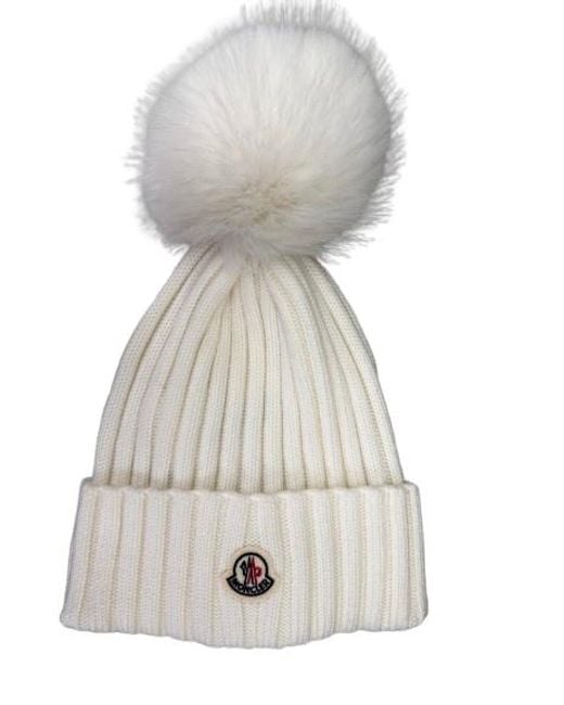 Moncler White Logo Patch Pompon Knitted Beanie