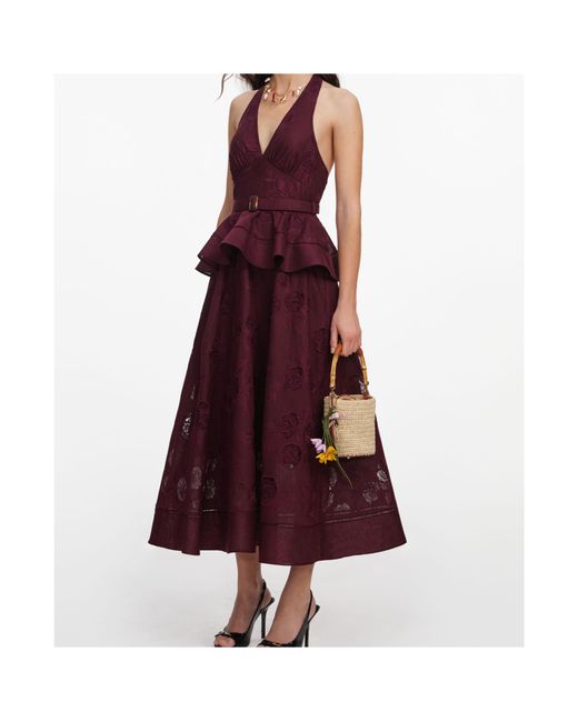 Self-Portrait Purple Floral-Embroidered Midi Dress