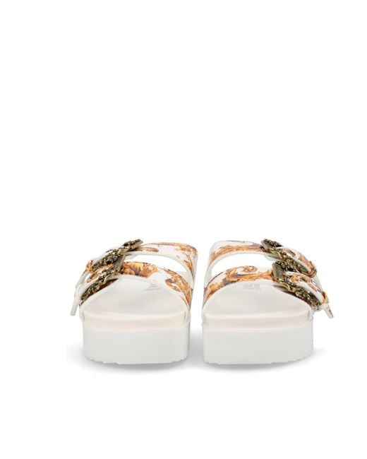 Versace Jeans White Couture Buckle Embellished Barocco-Printed Sandals
