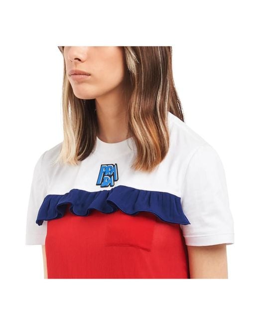 Prada Red Color Matching Design Lotus Leaf Edge T-Shirt