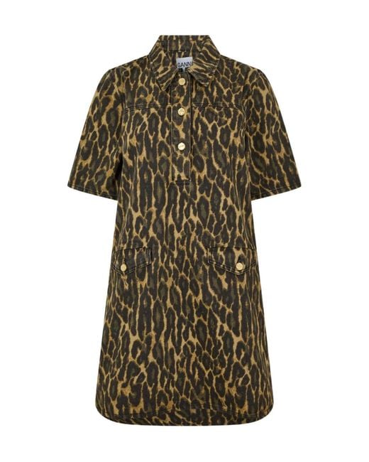 Ganni Green Leopard Print Denim Dress