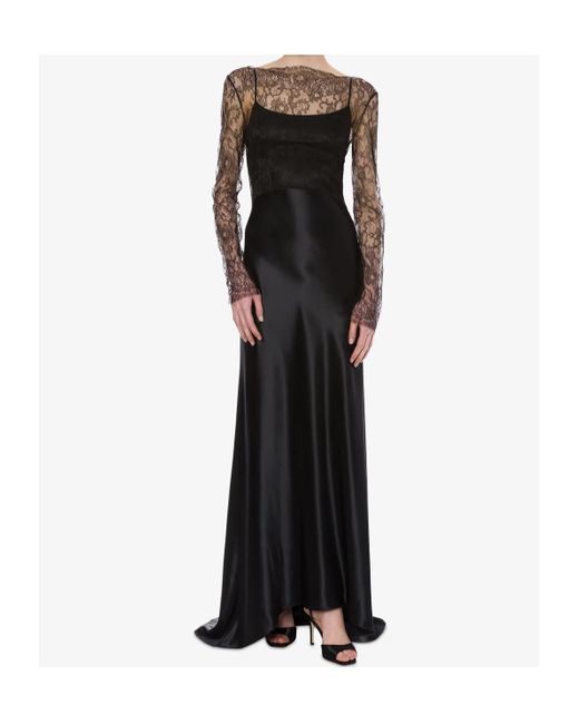 Alberta Ferretti Black Glossy Lace Satin Dress