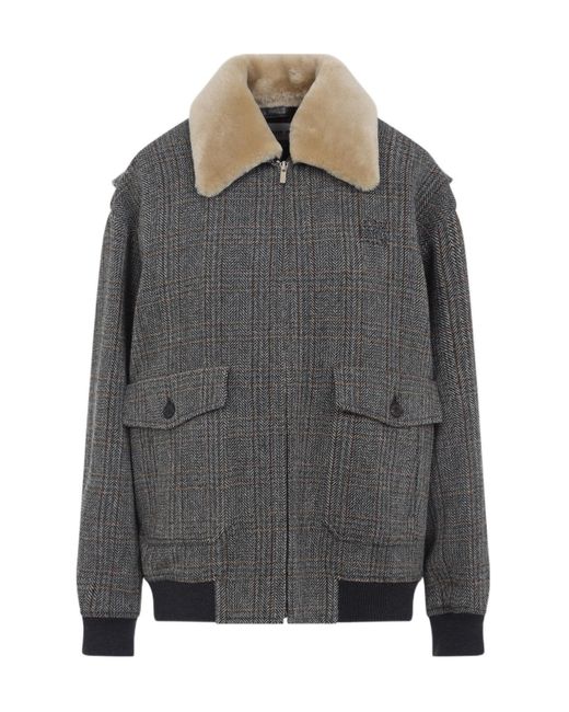 Miu Miu Gray Chevron Blouson Jacket With Shearling Collar