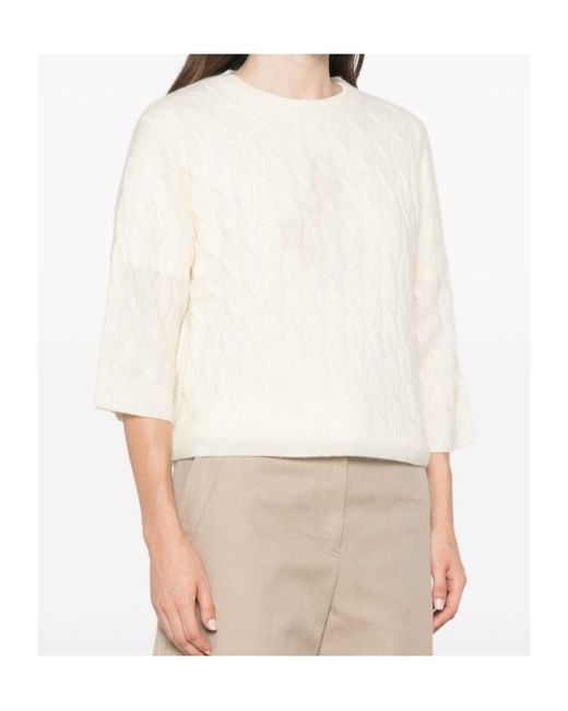 Marella White Crew-Neck Cable-Knit Sweater
