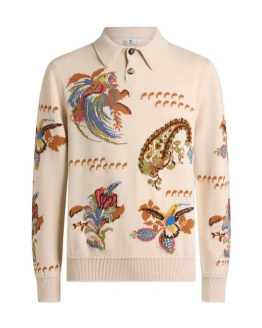 Etro Natural Cotton-Blend Jacquard Polo Sweater With Inlays for men